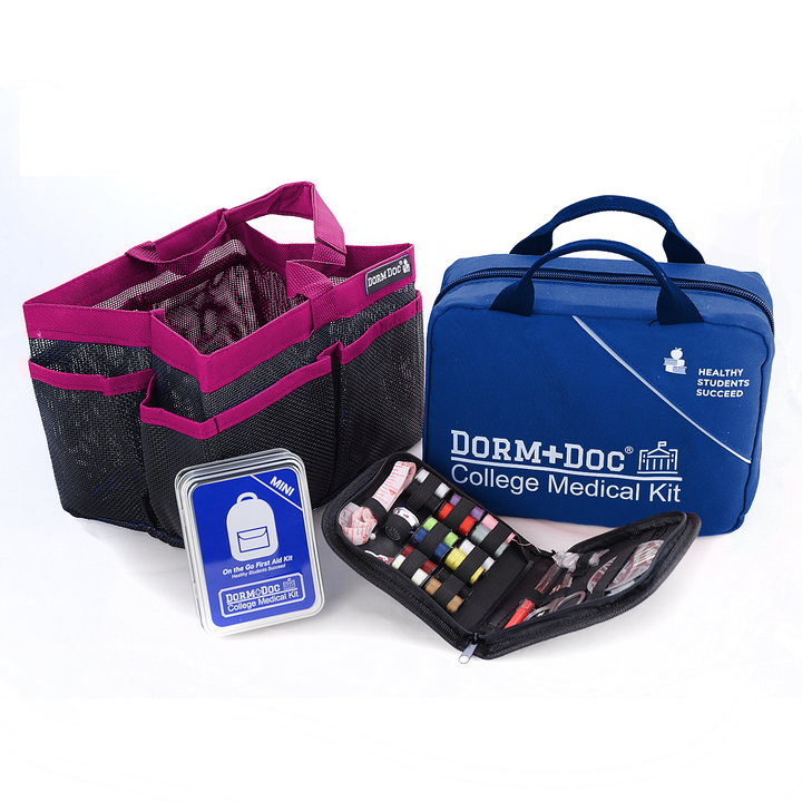 CASE OF FOUR 4 pc Bundles DormDoc 175pc, Mesh Tote, Sewing Kit- MiniTin25pc