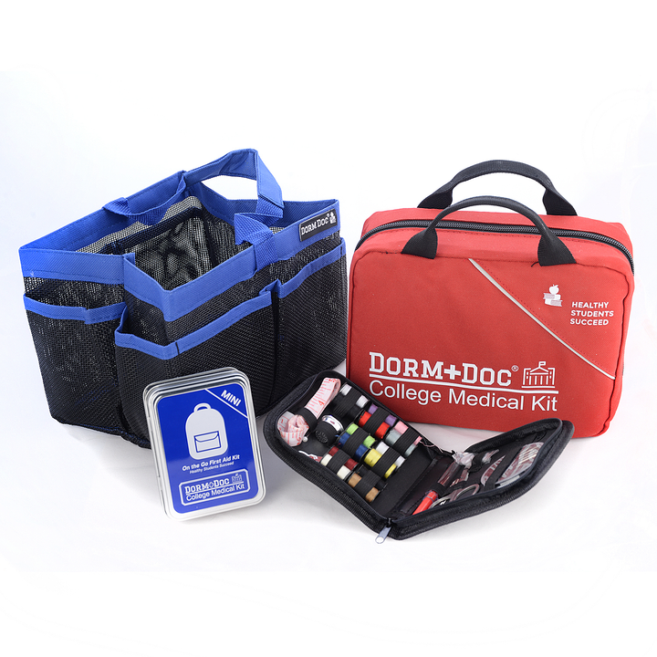 CASE OF FOUR 4 pc Bundles DormDoc 175pc, Mesh Tote, Sewing Kit- MiniTin25pc