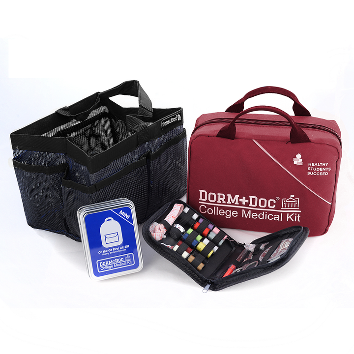 CASE OF FOUR 4 pc Bundles DormDoc 175pc, Mesh Tote, Sewing Kit- MiniTin25pc