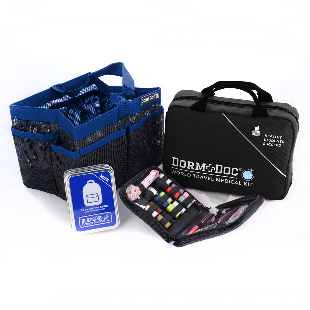 4 pc Bundle. DormDoc World Travel 200pc, Mesh Tote, Sewing Kit- MiniTin25pc