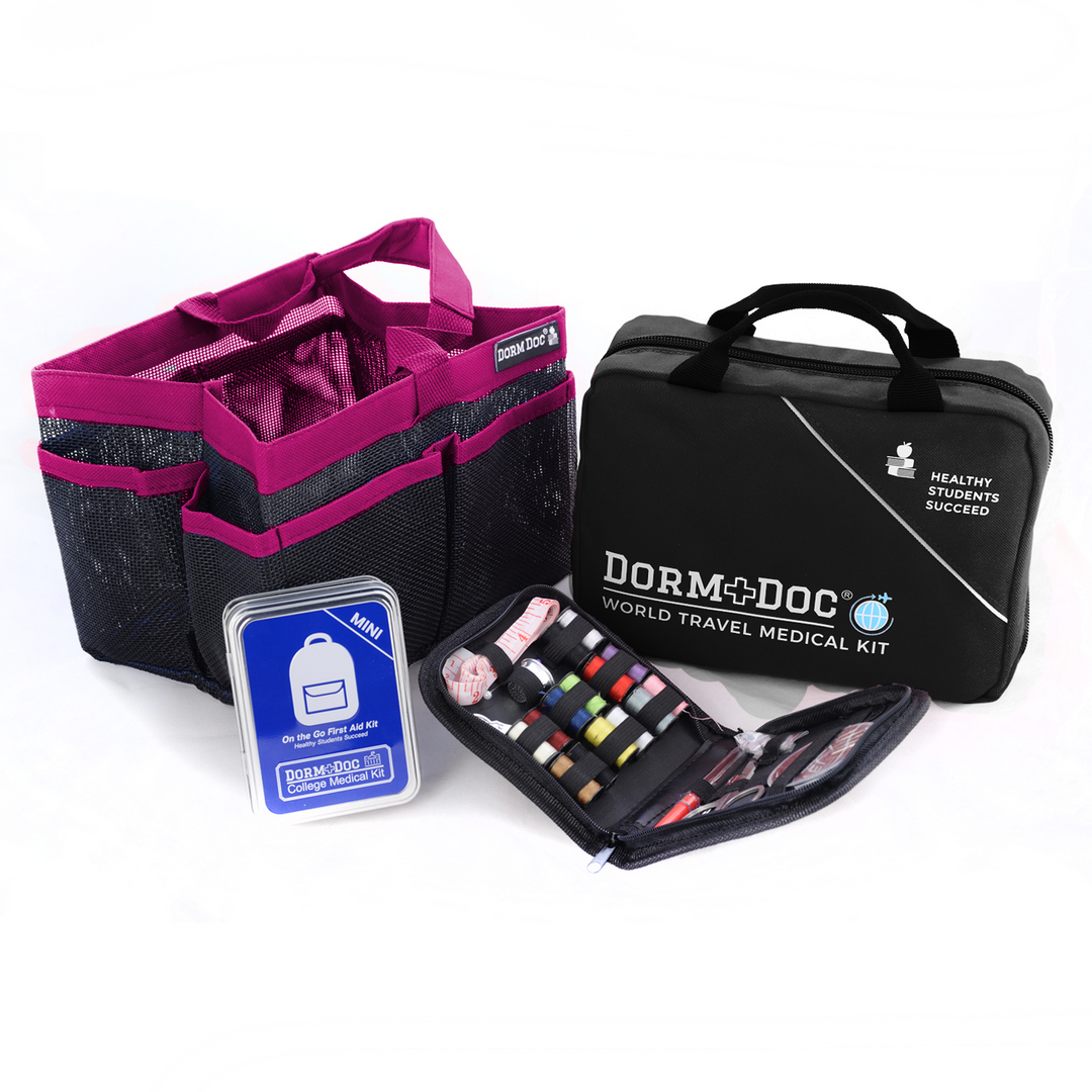 4 pc Bundle. DormDoc World Travel 200pc, Mesh Tote, Sewing Kit- MiniTin25pc