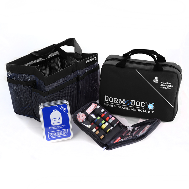4 pc Bundle. DormDoc World Travel 200pc, Mesh Tote, Sewing Kit- MiniTin25pc