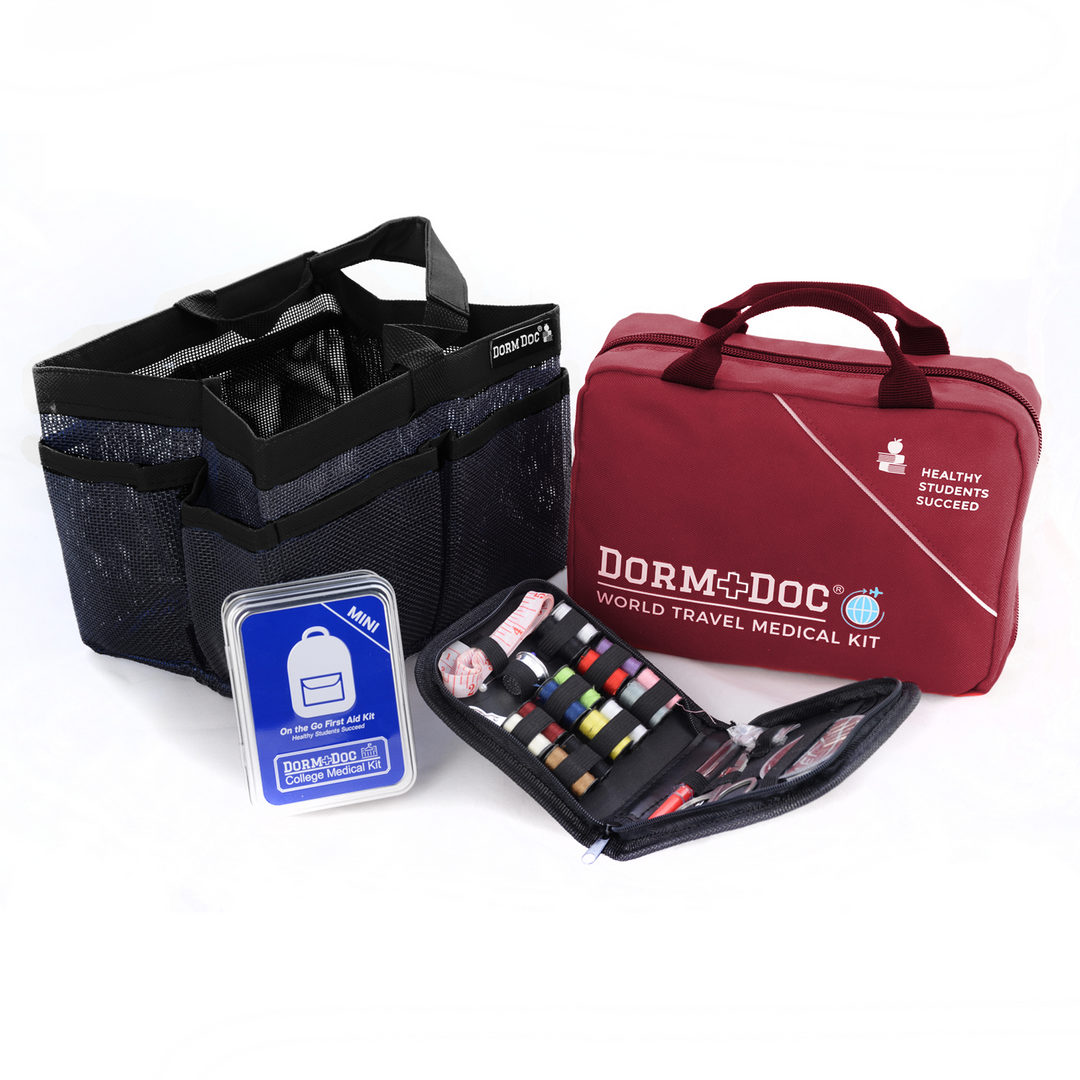CASE OF FOUR 4 pc Bundles. DormDoc World Travel 200pc, Mesh Tote, Sewing Kit- MiniTin25pc