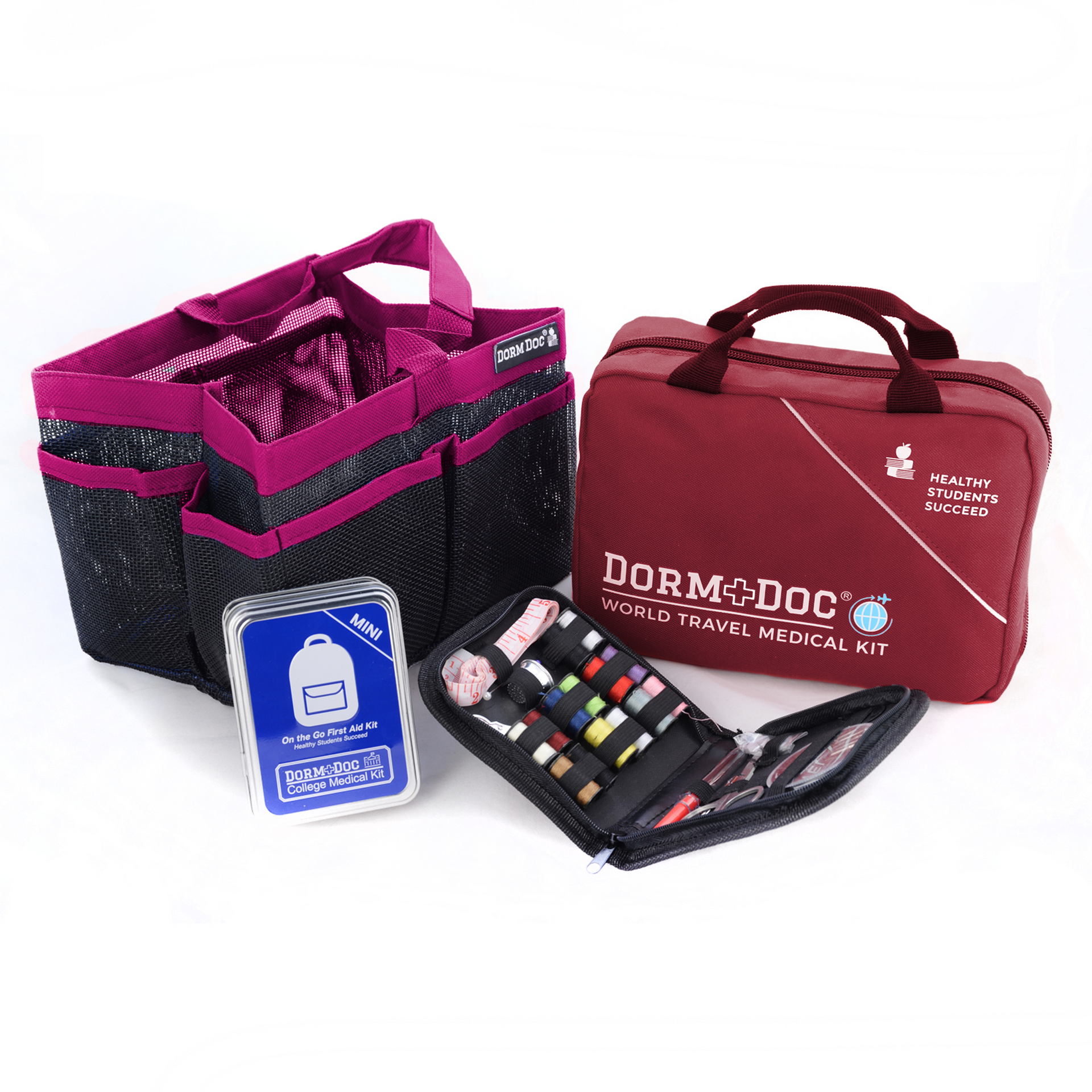 CASE OF FOUR 4 pc Bundles. DormDoc World Travel 200pc, Mesh Tote, Sewing Kit- MiniTin25pc