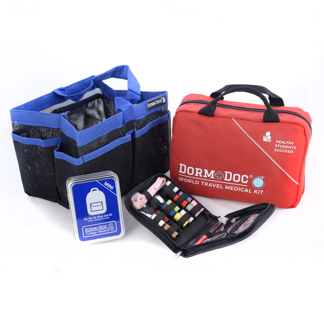 4 pc Bundle. DormDoc World Travel 200pc, Mesh Tote, Sewing Kit- MiniTin25pc