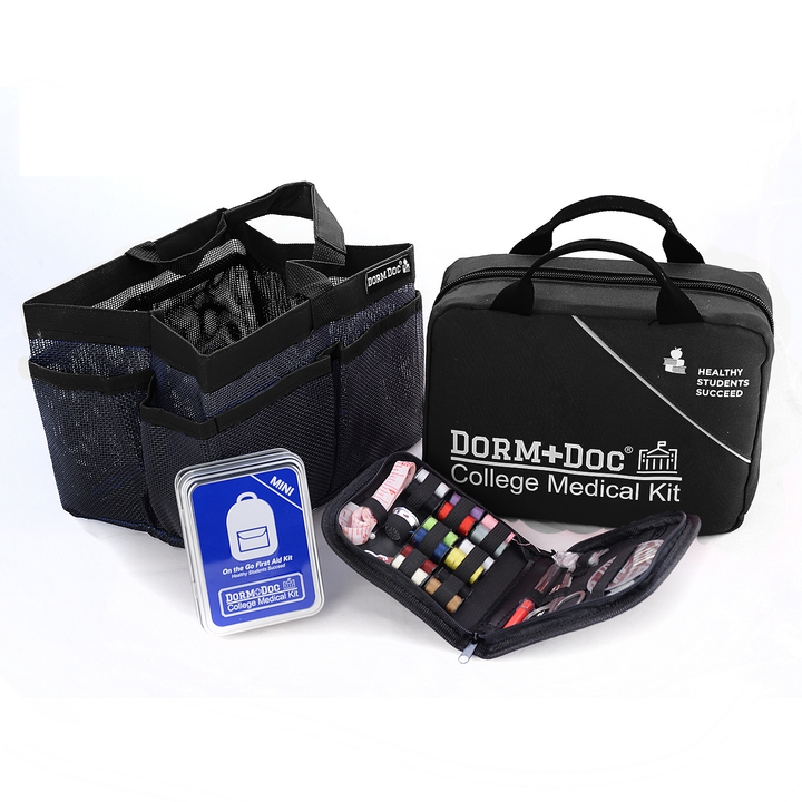 CASE OF FOUR 4 pc Bundles DormDoc 175pc, Mesh Tote, Sewing Kit- MiniTin25pc