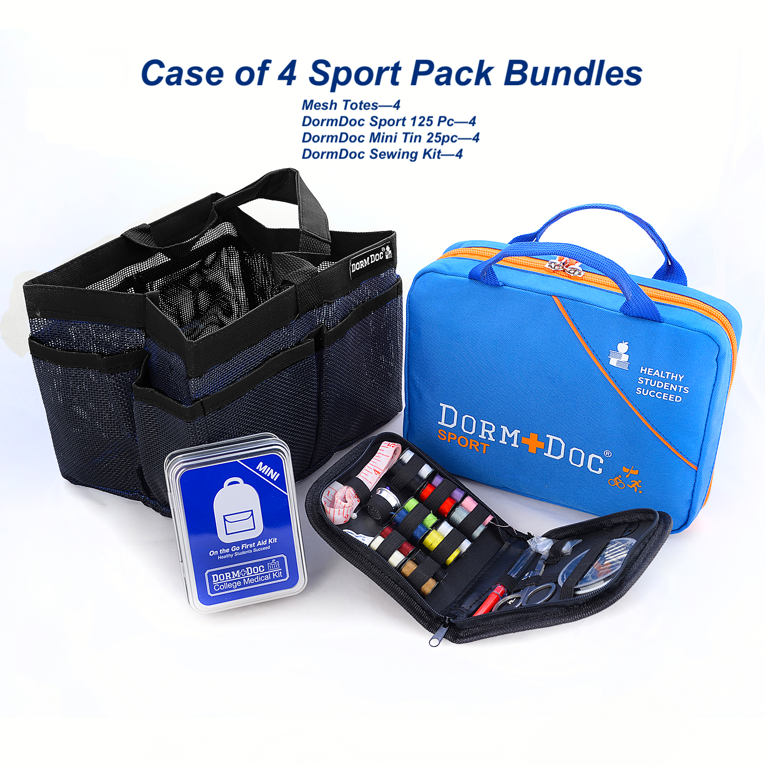 CASE OF FOUR 4pc Bundles: Sport Pack 125pc, Mesh Tote, Sewing Kit- MiniTin25pc