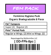 Load image into Gallery viewer, Fem Pack Feminine Hygiene Travel Pack 12 piece Flo Tampons Biodegradable 4sm 4Lg, 2 Pixie Mini Pads, 2 Regular Pads

