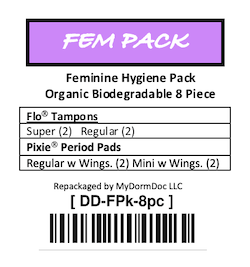 Fem Pack Feminine Hygiene Travel Pack 12 piece Flo Tampons Biodegradable 4sm 4Lg, 2 Pixie Mini Pads, 2 Regular Pads