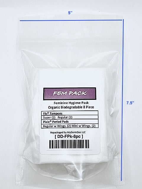 Fem Pack Feminine Hygiene Travel Pack 12 piece Flo Tampons Biodegradable 4sm 4Lg, 2 Pixie Mini Pads, 2 Regular Pads