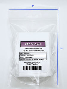 Fem Pack Feminine Hygiene Travel Pack 12 piece Flo Tampons Biodegradable 4sm 4Lg, 2 Pixie Mini Pads, 2 Regular Pads
